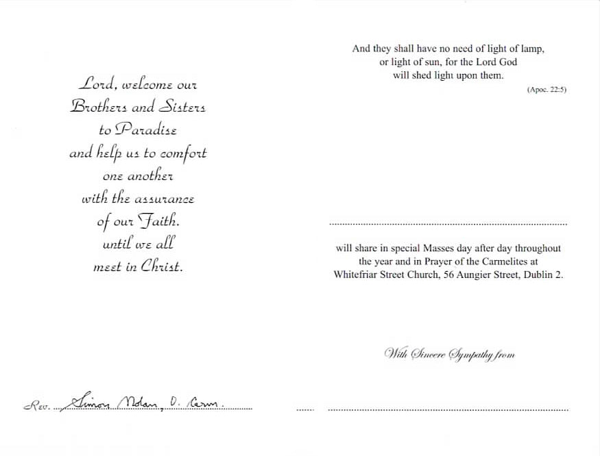 Sympathy Mass Card RIP Online – Whitefriar Street Church